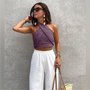 Commense Plum Cotton Linen Halter Crop Top